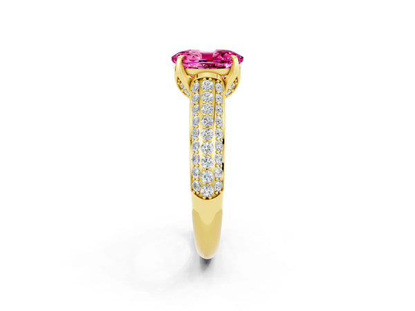 Yellow gold Oval Cut Pink Sapphire Solitaire Ring with Three-Row Pavé Band and Four-Prong Setting
