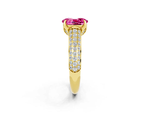 Yellow gold Oval Cut Pink Sapphire Solitaire Ring with Three-Row Pavé Band and Four-Prong Setting_14
