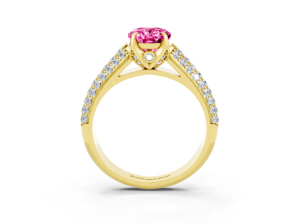 Yellow gold Oval Cut Pink Sapphire Solitaire Ring with Three-Row Pavé Band and Four-Prong Setting