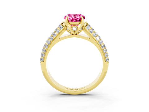 Yellow gold Oval Cut Pink Sapphire Solitaire Ring with Three-Row Pavé Band and Four-Prong Setting_15