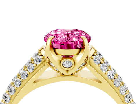 Yellow gold Oval Cut Pink Sapphire Solitaire Ring with Three-Row Pavé Band and Four-Prong Setting_16