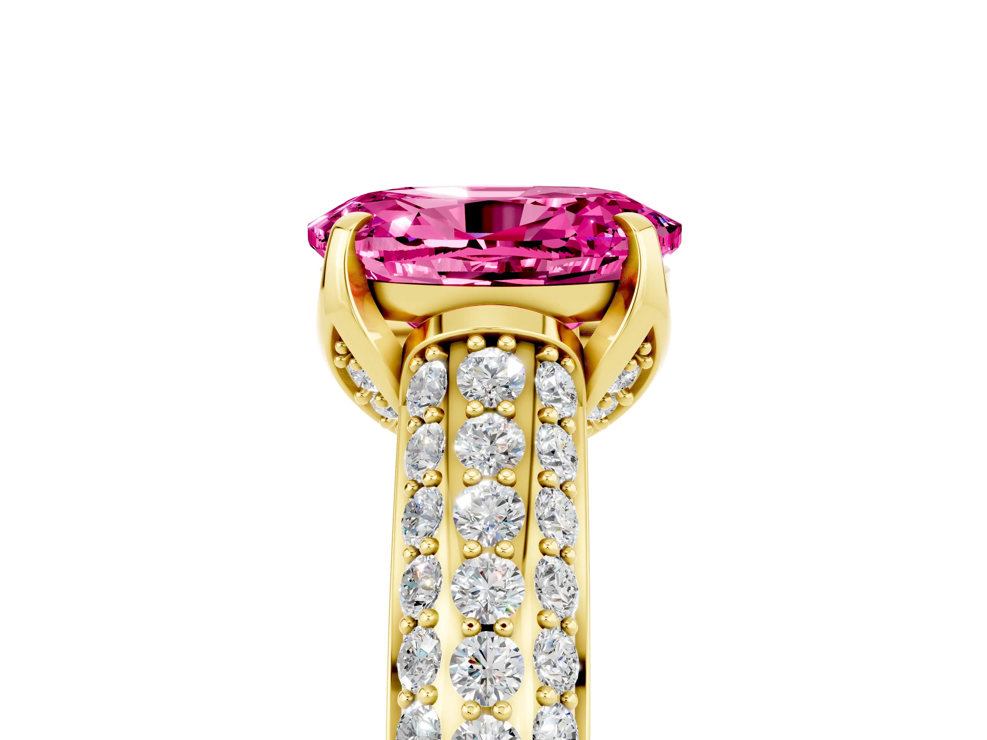 Yellow gold Oval Cut Pink Sapphire Solitaire Ring with Three-Row Pavé Band and Four-Prong Setting_17