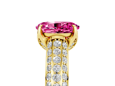 Yellow gold Oval Cut Pink Sapphire Solitaire Ring with Three-Row Pavé Band and Four-Prong Setting_17