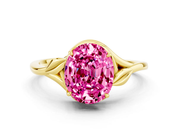 Yellow gold Oval Cut Pink Sapphire Solitaire Ring with Twist Band and Four-Prong Setting