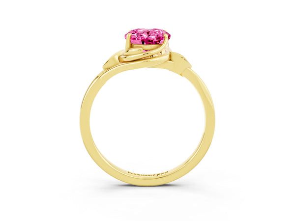 Yellow gold Oval Cut Pink Sapphire Solitaire Ring with Twist Band and Four-Prong Setting