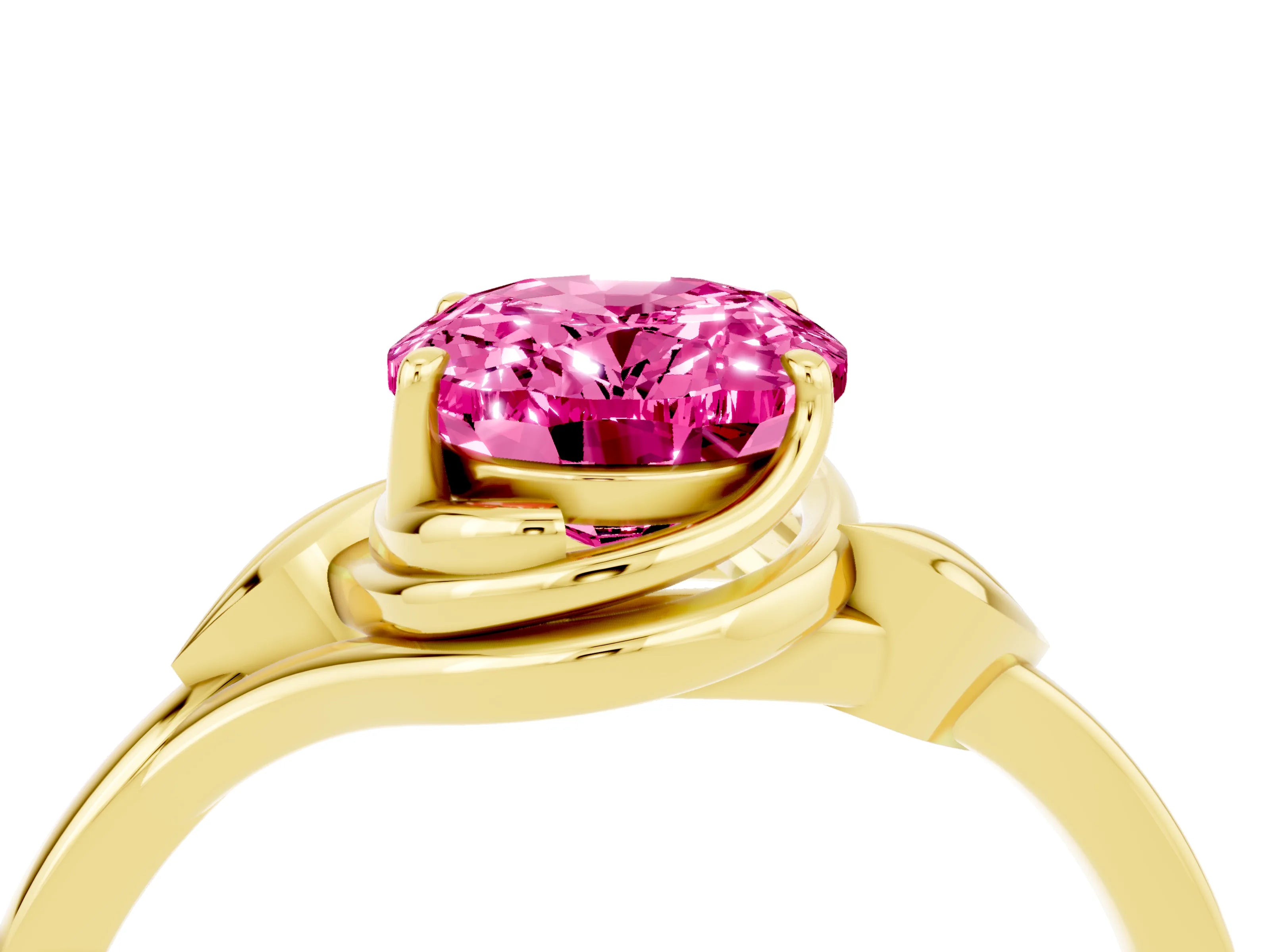 Yellow gold Oval Cut Pink Sapphire Solitaire Ring with Twist Band and Four-Prong Setting_40