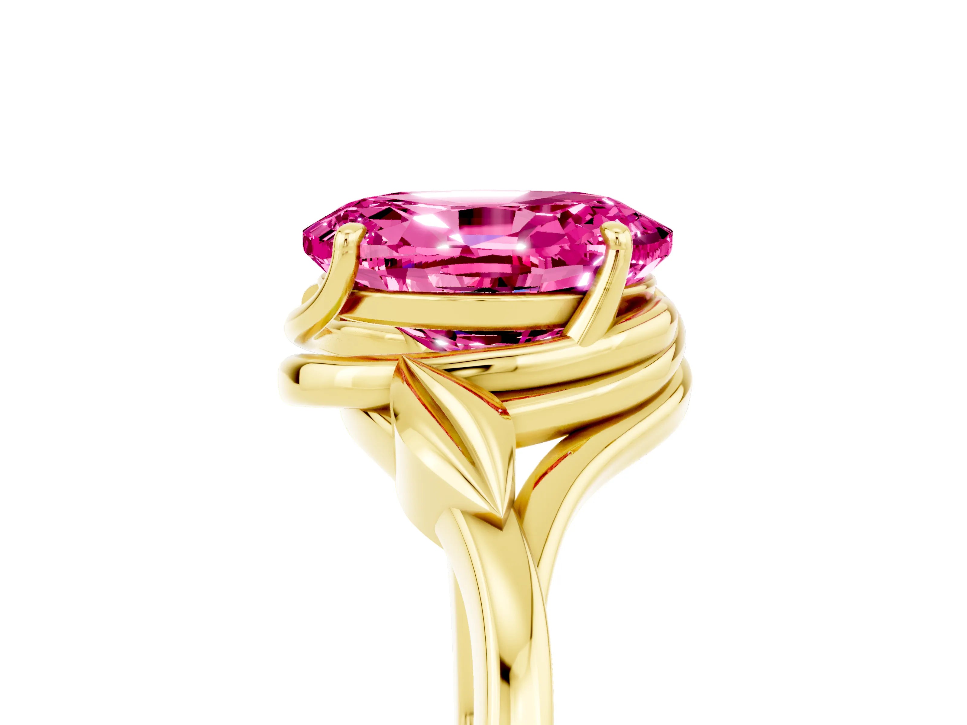 Yellow gold Oval Cut Pink Sapphire Solitaire Ring with Twist Band and Four-Prong Setting_41