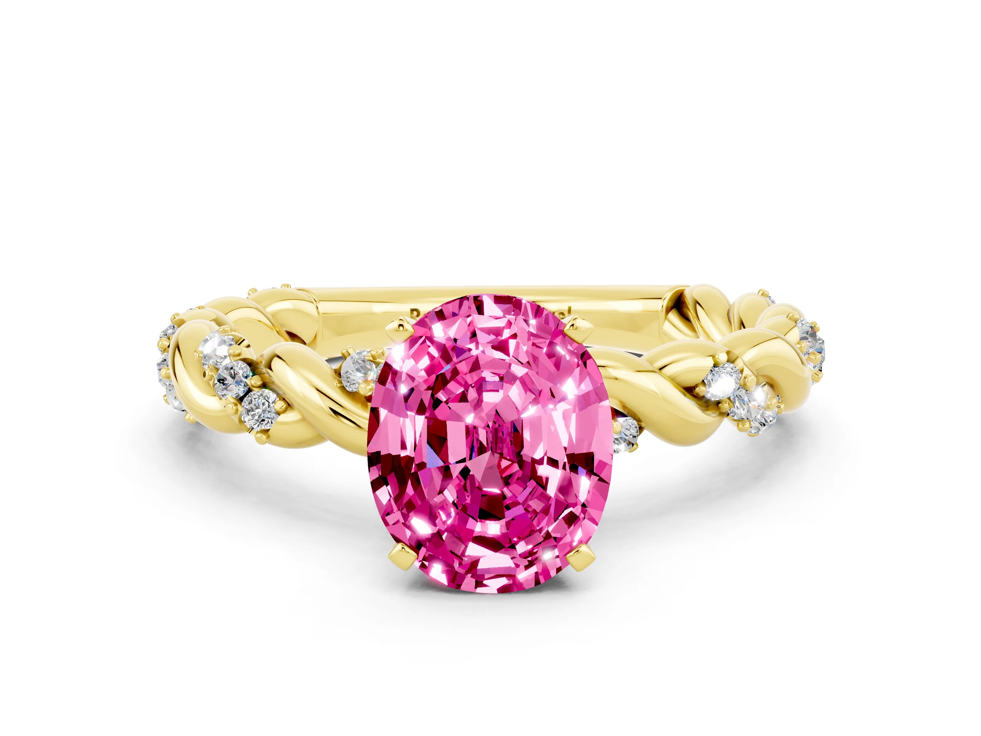 Yellow gold Oval Cut Pink Sapphire Solitaire Ring with Twisted Band and Pavé Accents