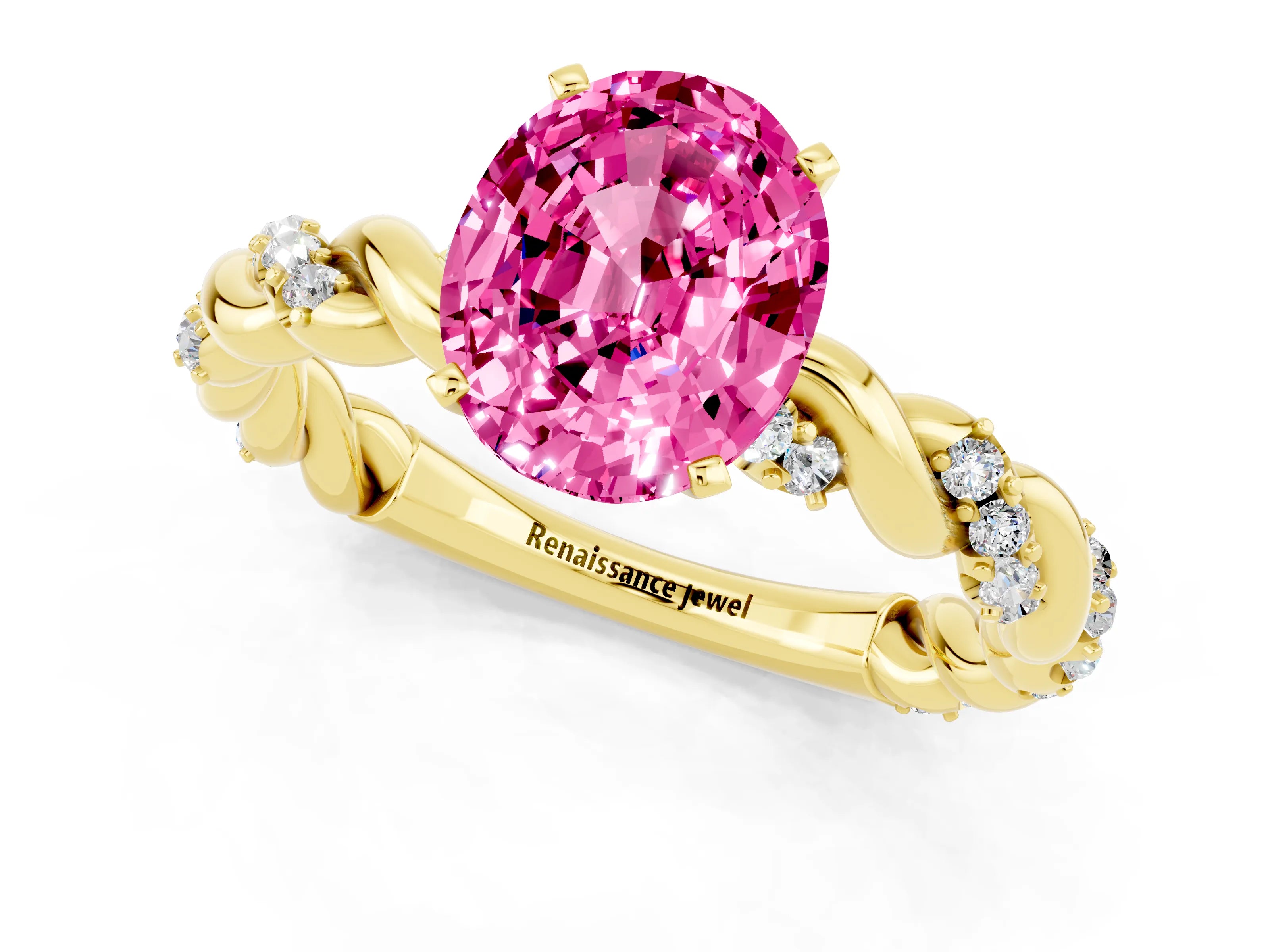 Yellow gold Oval Cut Pink Sapphire Solitaire Ring with Twisted Band and Pavé Accents_1