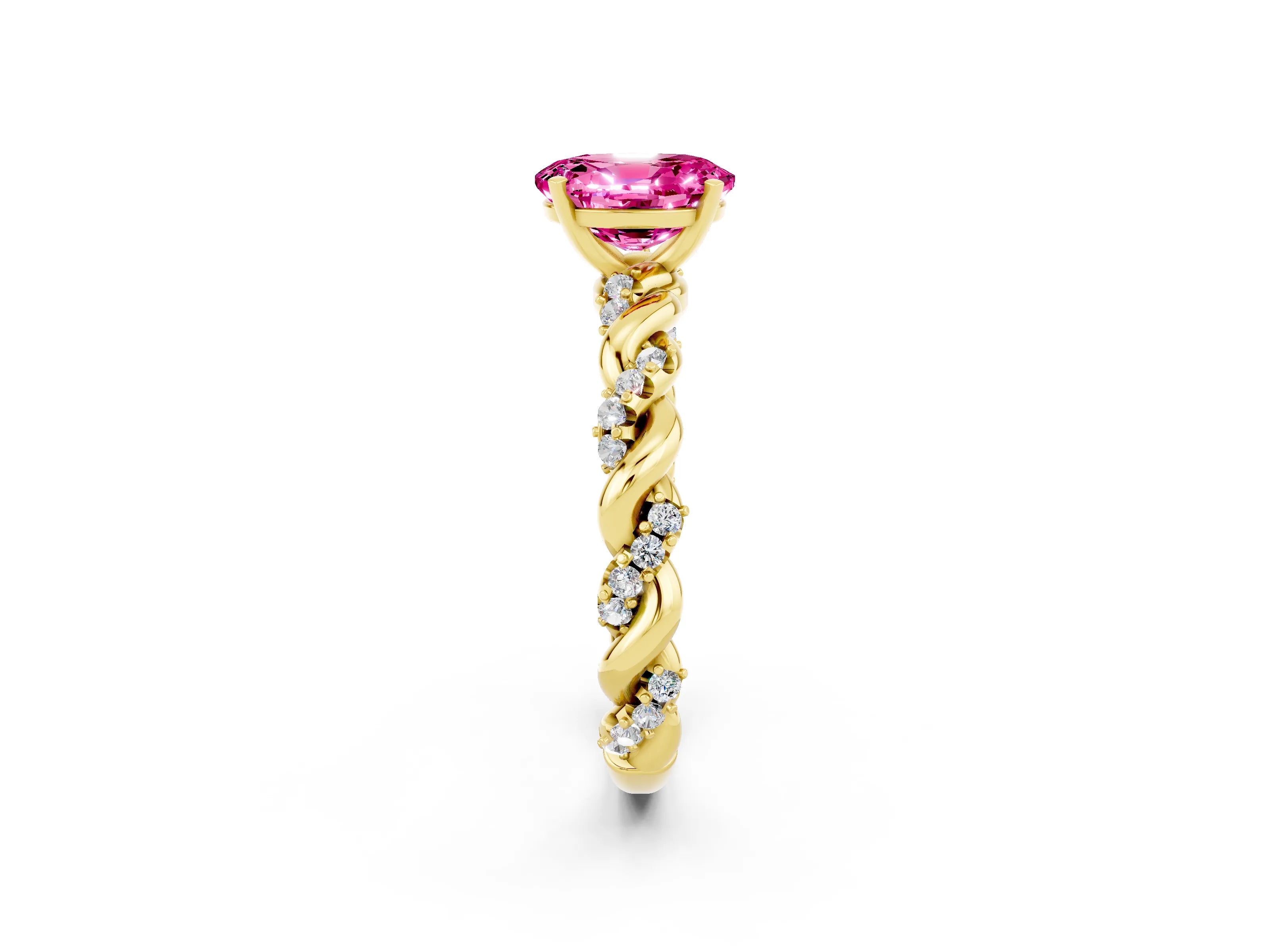 Yellow gold Oval Cut Pink Sapphire Solitaire Ring with Twisted Band and Pavé Accents_2