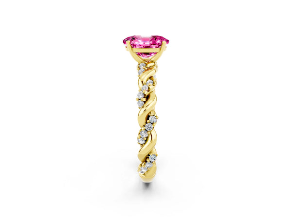 Yellow gold Oval Cut Pink Sapphire Solitaire Ring with Twisted Band and Pavé Accents