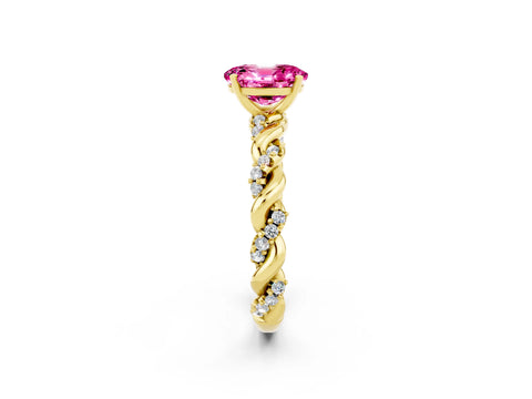 Yellow gold Oval Cut Pink Sapphire Solitaire Ring with Twisted Band and Pavé Accents_2
