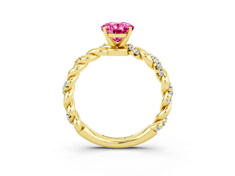 Yellow gold Oval Cut Pink Sapphire Solitaire Ring with Twisted Band and Pavé Accents_3