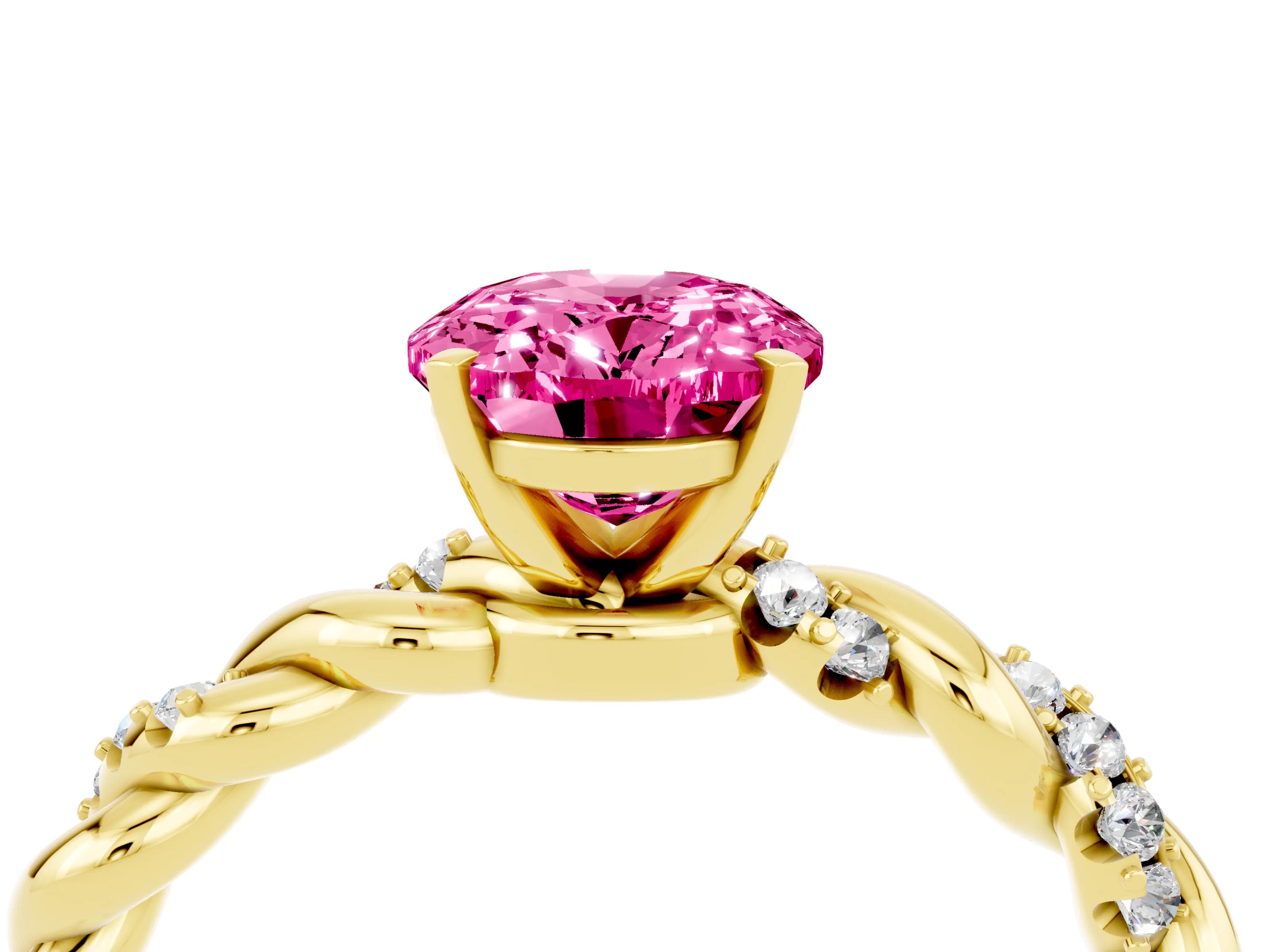 Yellow gold Oval Cut Pink Sapphire Solitaire Ring with Twisted Band and Pavé Accents_4