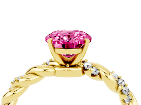 Yellow gold Oval Cut Pink Sapphire Solitaire Ring with Twisted Band and Pavé Accents_4