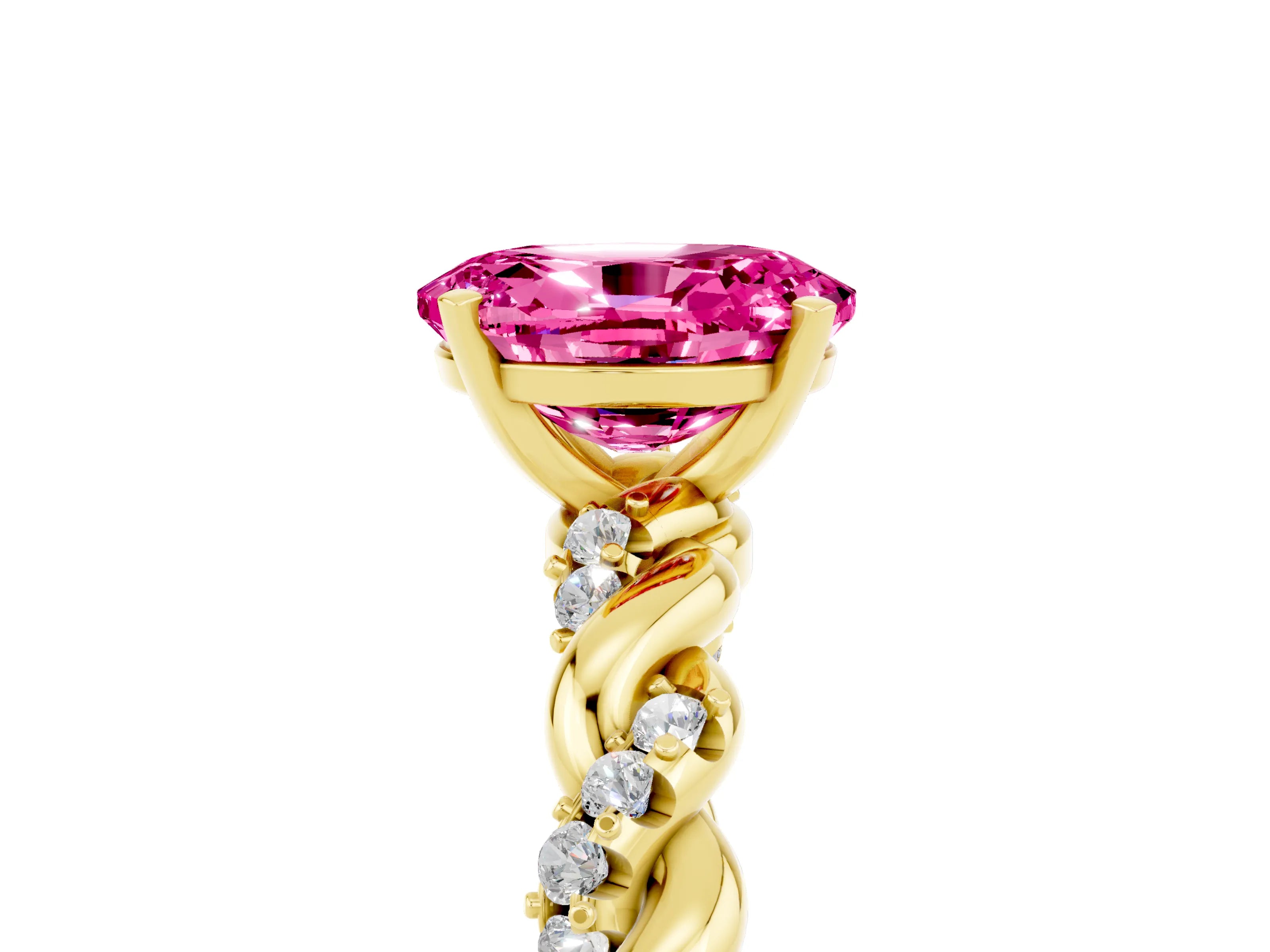 Yellow gold Oval Cut Pink Sapphire Solitaire Ring with Twisted Band and Pavé Accents_5