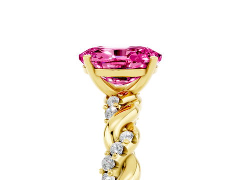 Yellow gold Oval Cut Pink Sapphire Solitaire Ring with Twisted Band and Pavé Accents_5