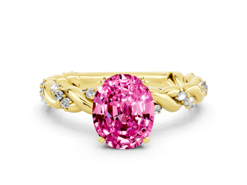 Yellow gold Oval Cut Pink Sapphire Solitaire Ring with Twisted Band and Pavé Accents