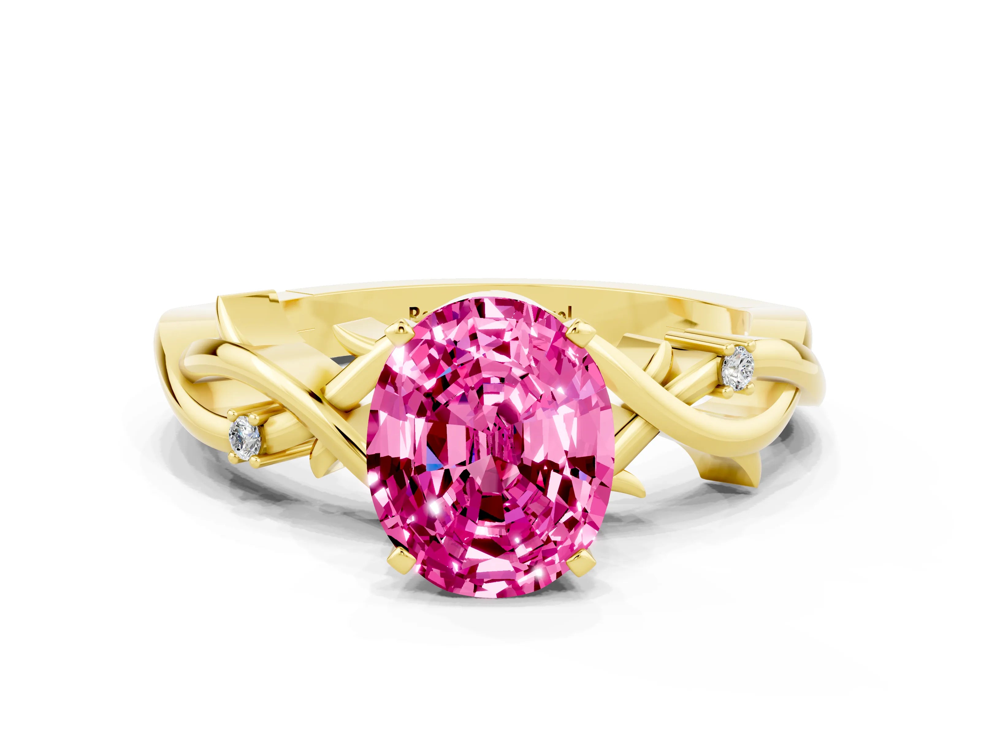 Yellow gold Oval Cut Pink Sapphire Solitaire Ring with Twisted Band and Prong Setting
