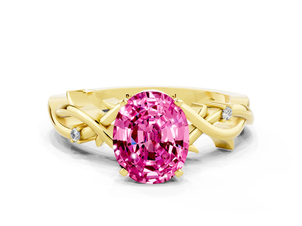 Yellow gold Oval Cut Pink Sapphire Solitaire Ring with Twisted Band and Prong Setting