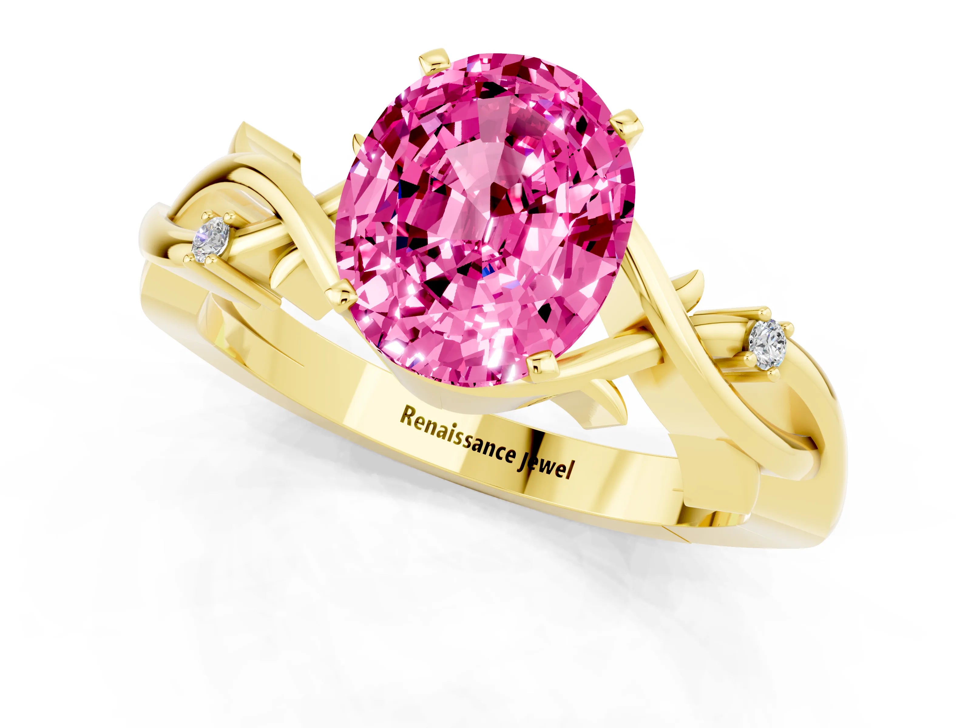 Yellow gold Oval Cut Pink Sapphire Solitaire Ring with Twisted Band and Prong Setting_1