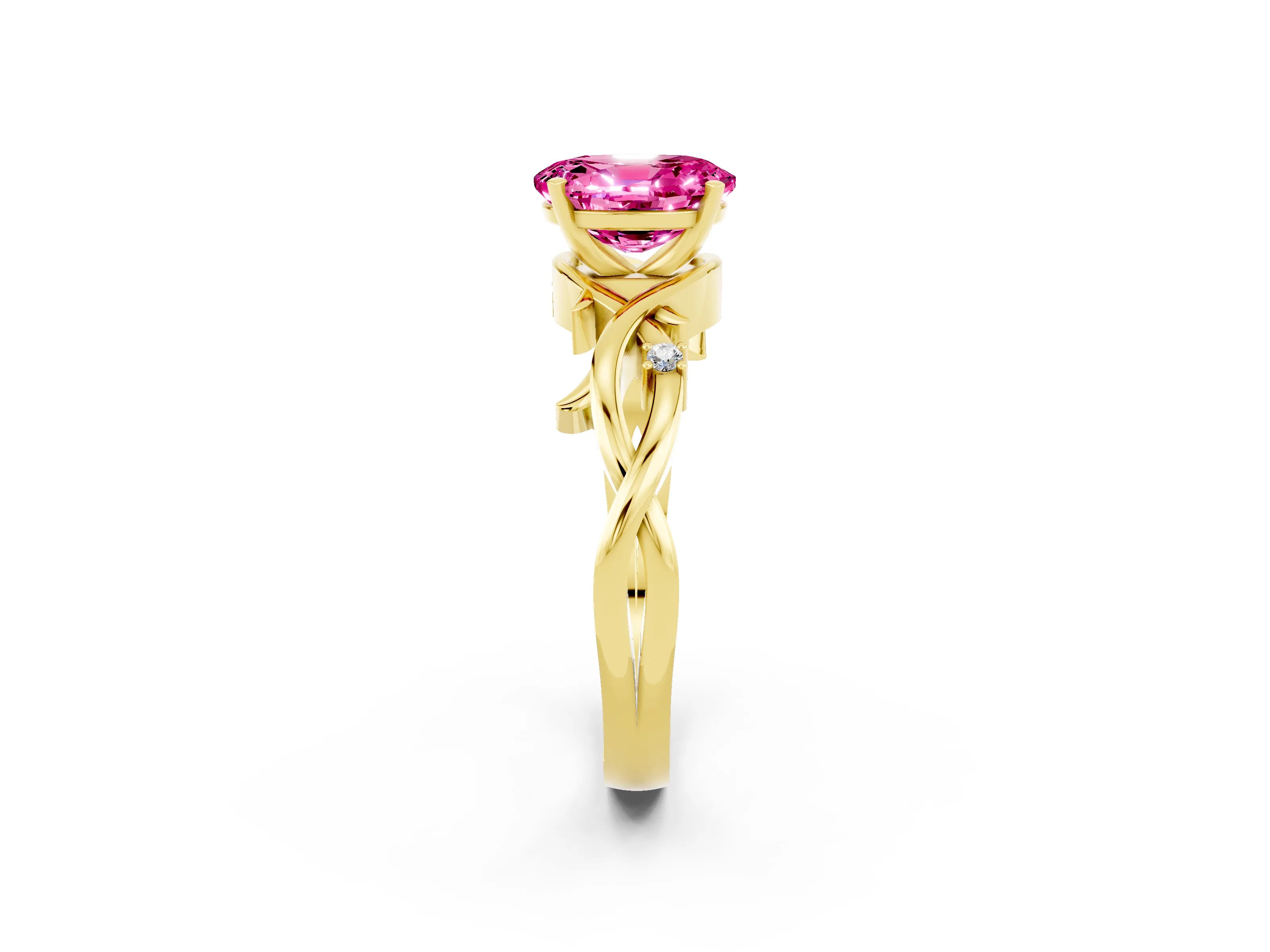 Yellow gold Oval Cut Pink Sapphire Solitaire Ring with Twisted Band and Prong Setting_2
