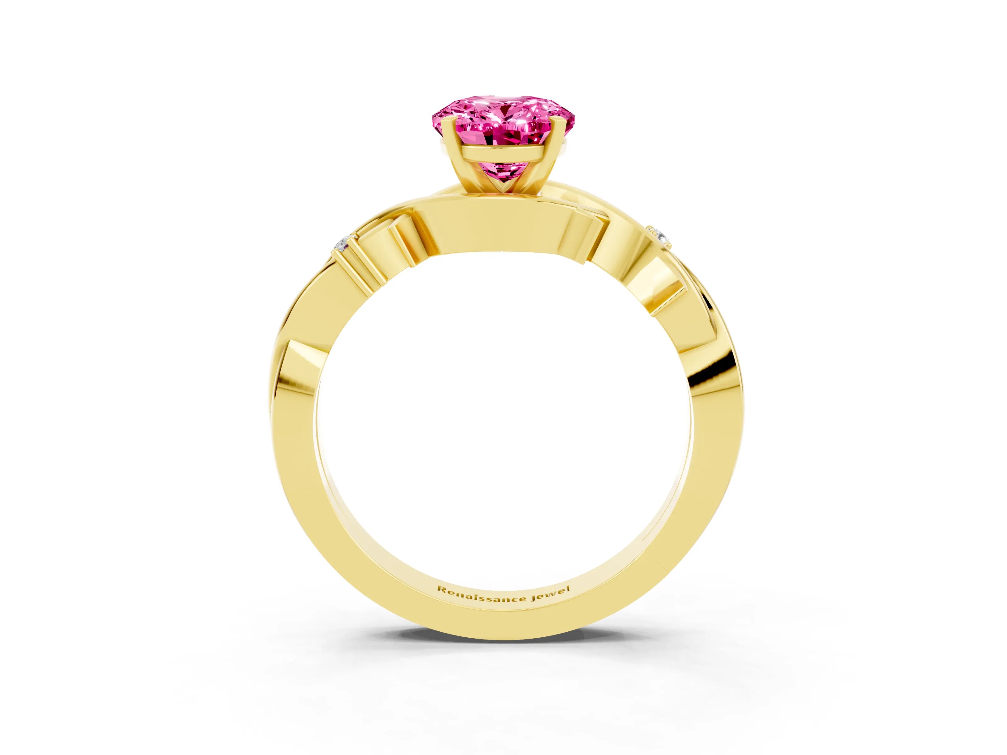 Yellow gold Oval Cut Pink Sapphire Solitaire Ring with Twisted Band and Prong Setting_3