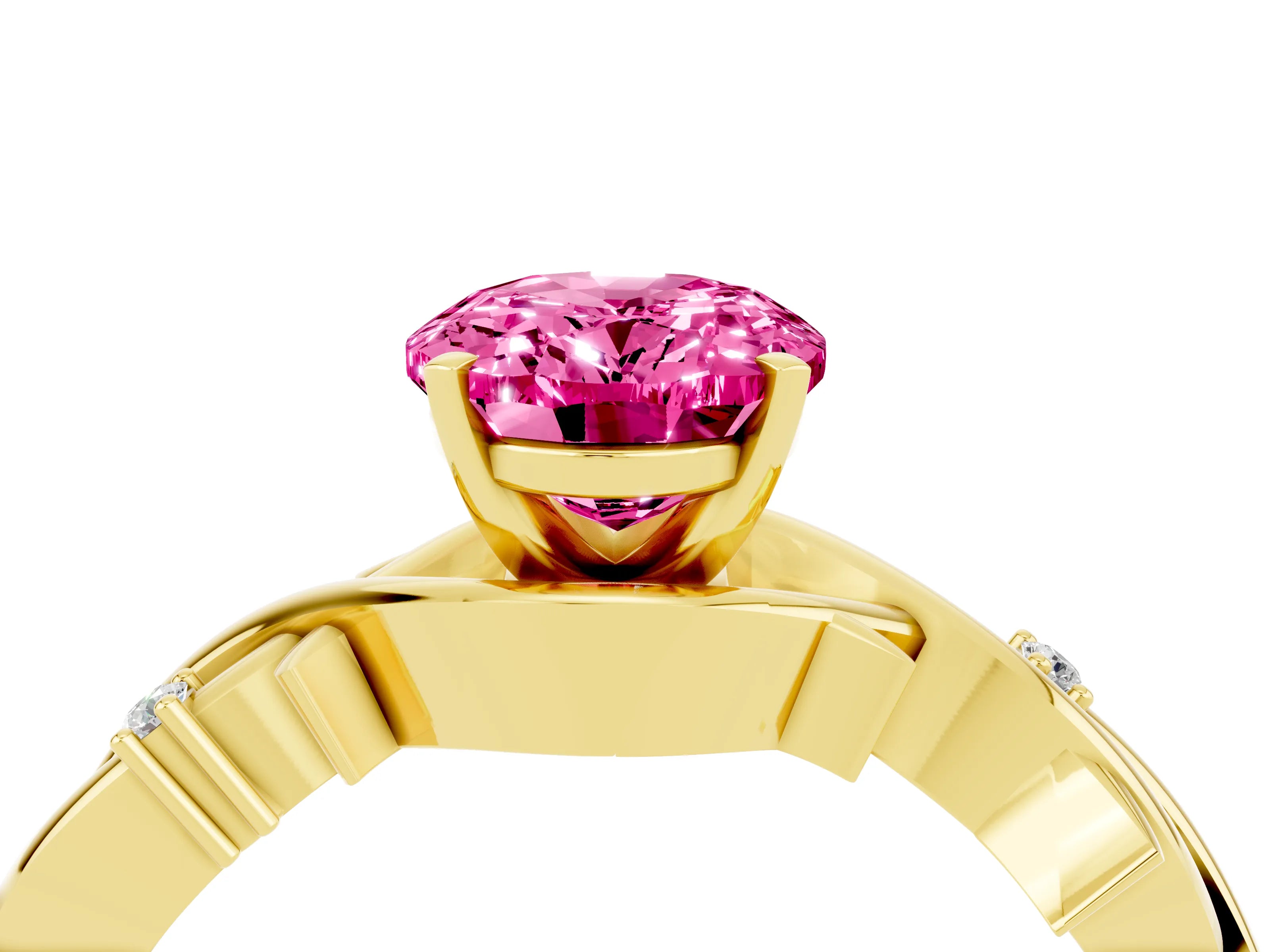 Yellow gold Oval Cut Pink Sapphire Solitaire Ring with Twisted Band and Prong Setting_4