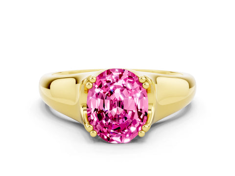 Yellow gold Oval Cut Pink Sapphire Solitaire Ring with Wide Band and Prong Setting_24