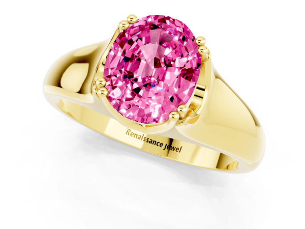 Yellow gold Oval Cut Pink Sapphire Solitaire Ring with Wide Band and Prong Setting