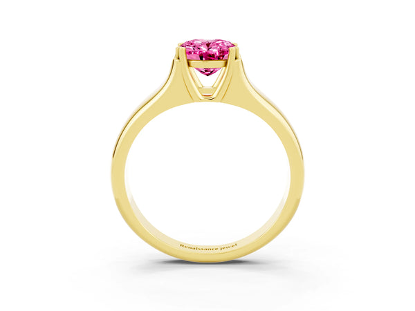 Yellow gold Oval Cut Pink Sapphire Solitaire Ring with Wide Band and Prong Setting