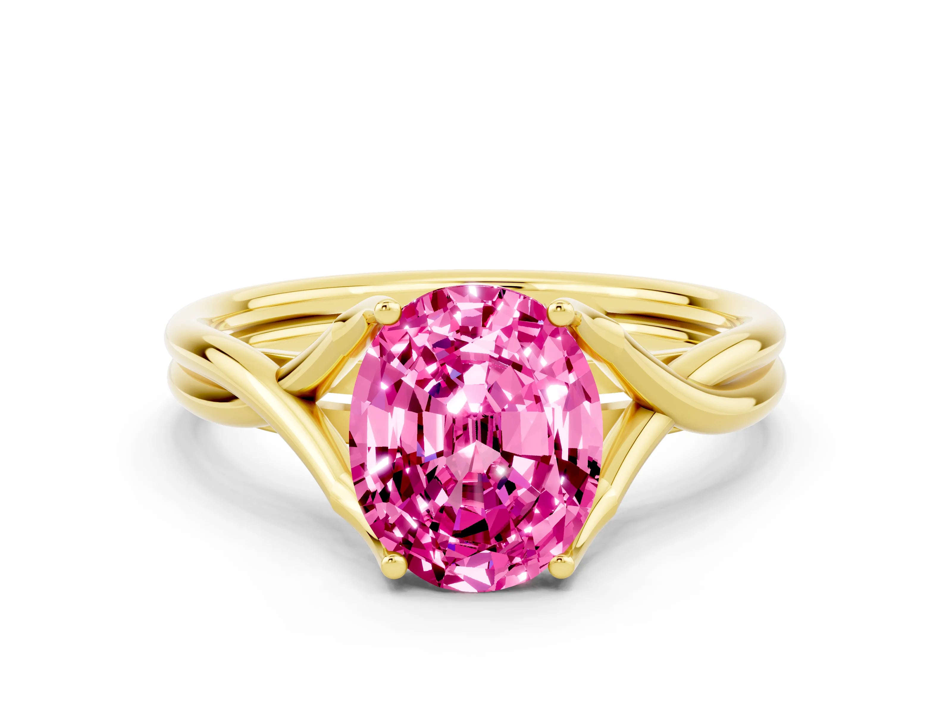 Yellow gold Oval Cut Pink Sapphire Solitaire Twist Band Prong Setting Ring_96