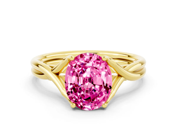 Yellow gold Oval Cut Pink Sapphire Solitaire Twist Band Prong Setting Ring