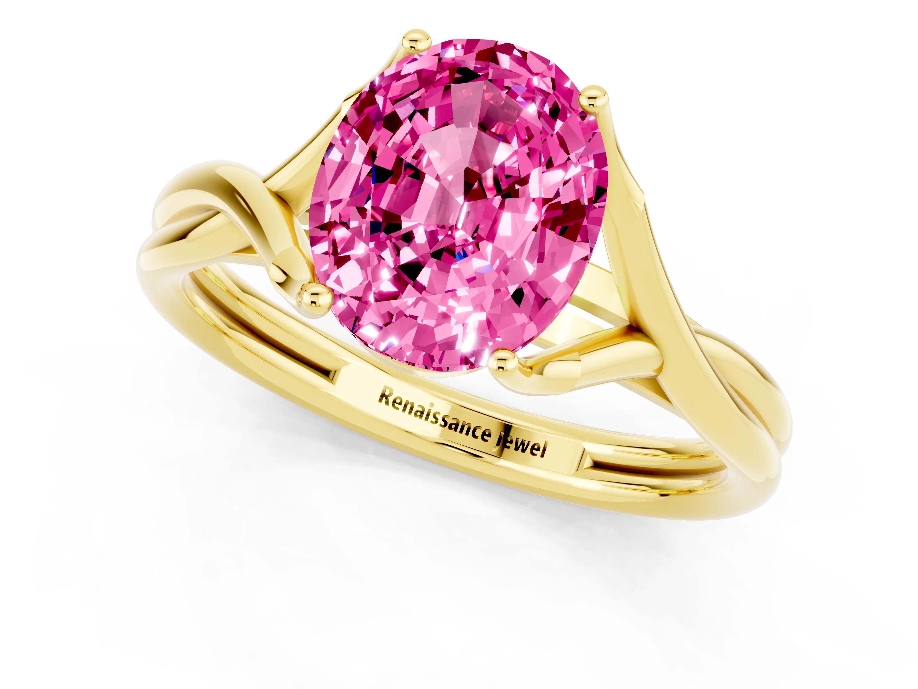 Yellow gold Oval Cut Pink Sapphire Solitaire Twist Band Prong Setting Ring_97