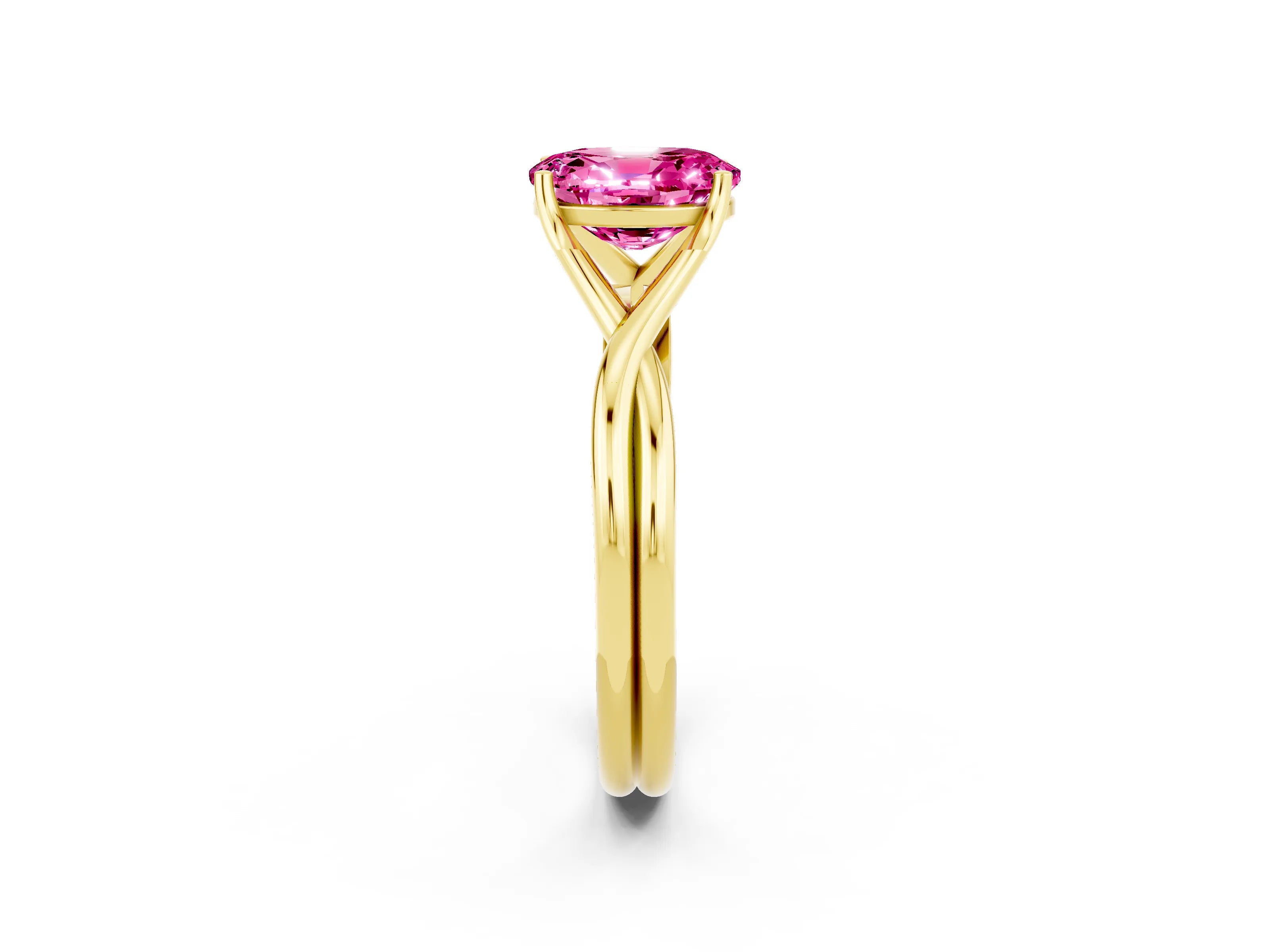 Yellow gold Oval Cut Pink Sapphire Solitaire Twist Band Prong Setting Ring_98