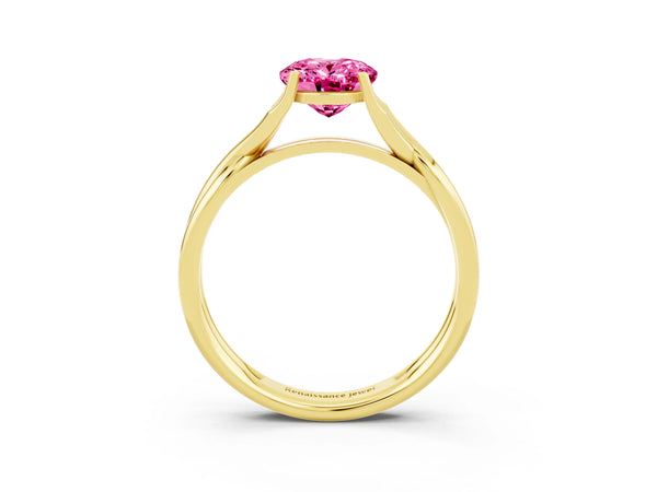 Yellow gold Oval Cut Pink Sapphire Solitaire Twist Band Prong Setting Ring