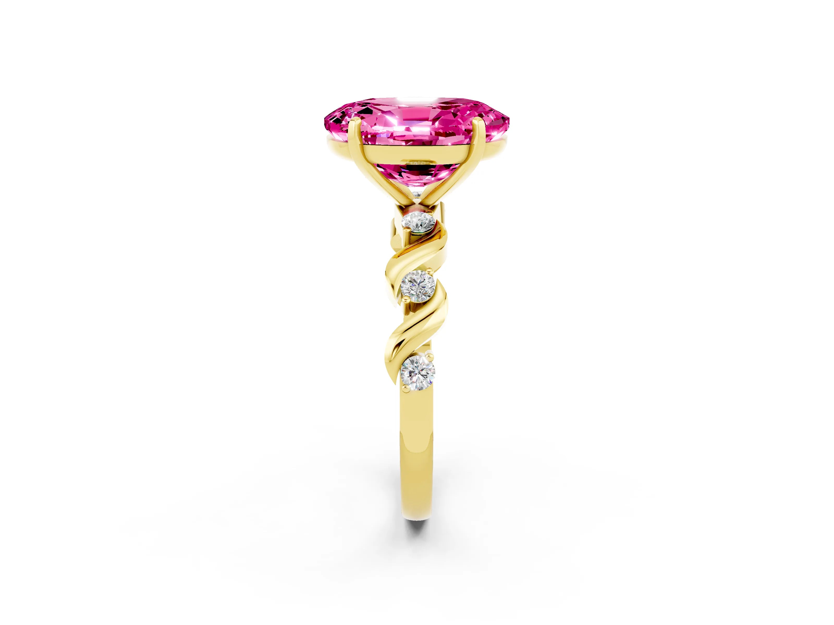 Yellow gold Oval Cut Pink Sapphire Solitaire Twisted Band with Round  Accents and Prong Setting_14