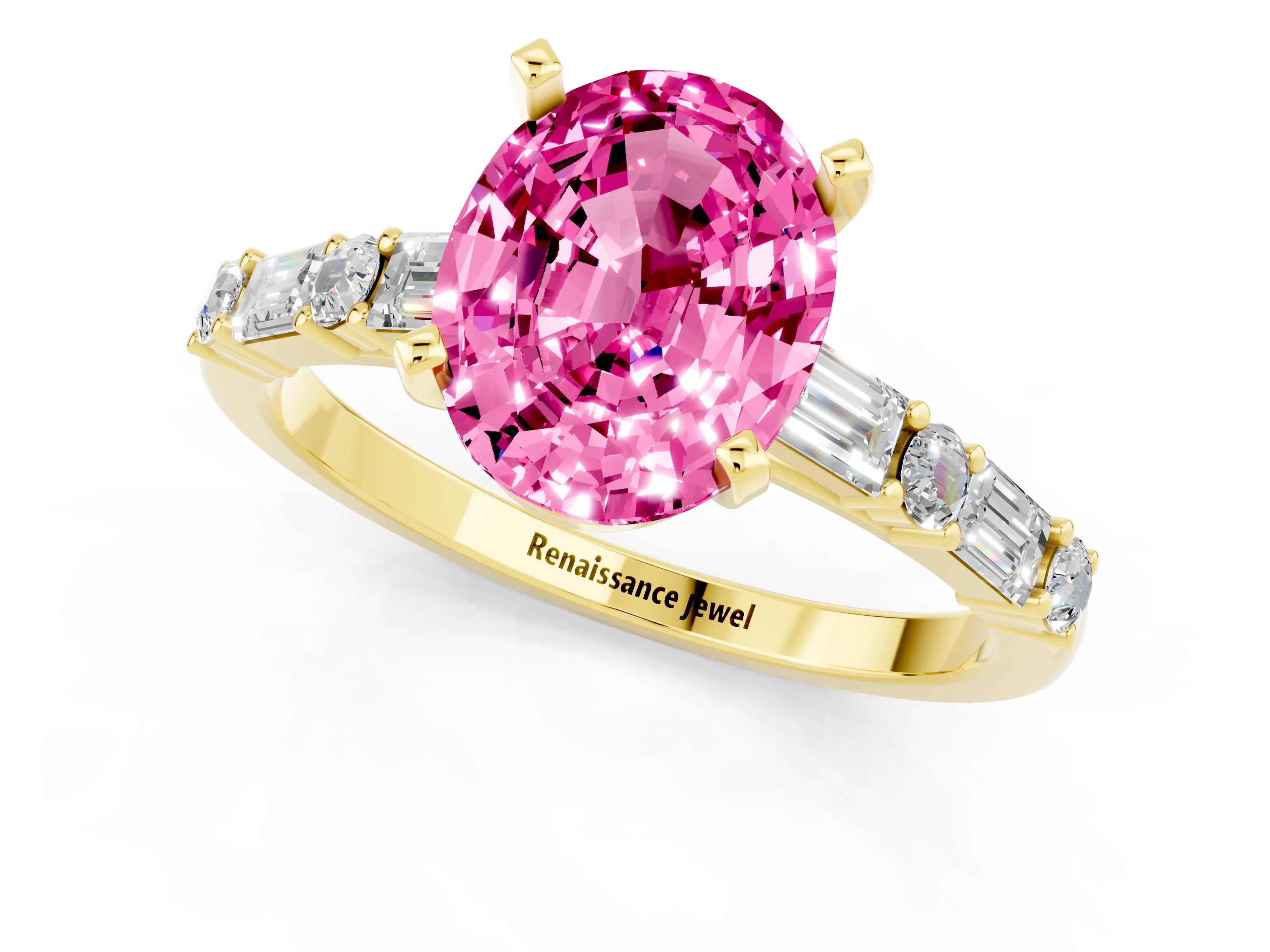 Yellow gold Oval Cut Pink Sapphire Solitaire with Side Baguettes and Channel Set Band_25
