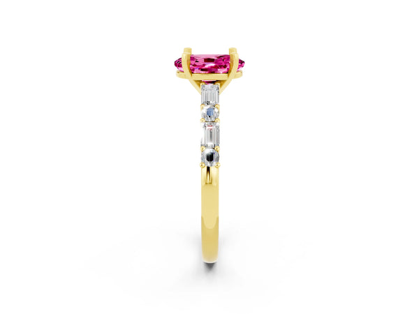 Yellow gold Oval Cut Pink Sapphire Solitaire with Side Baguettes and Channel Set Band