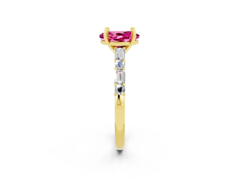 Yellow gold Oval Cut Pink Sapphire Solitaire with Side Baguettes and Channel Set Band_26