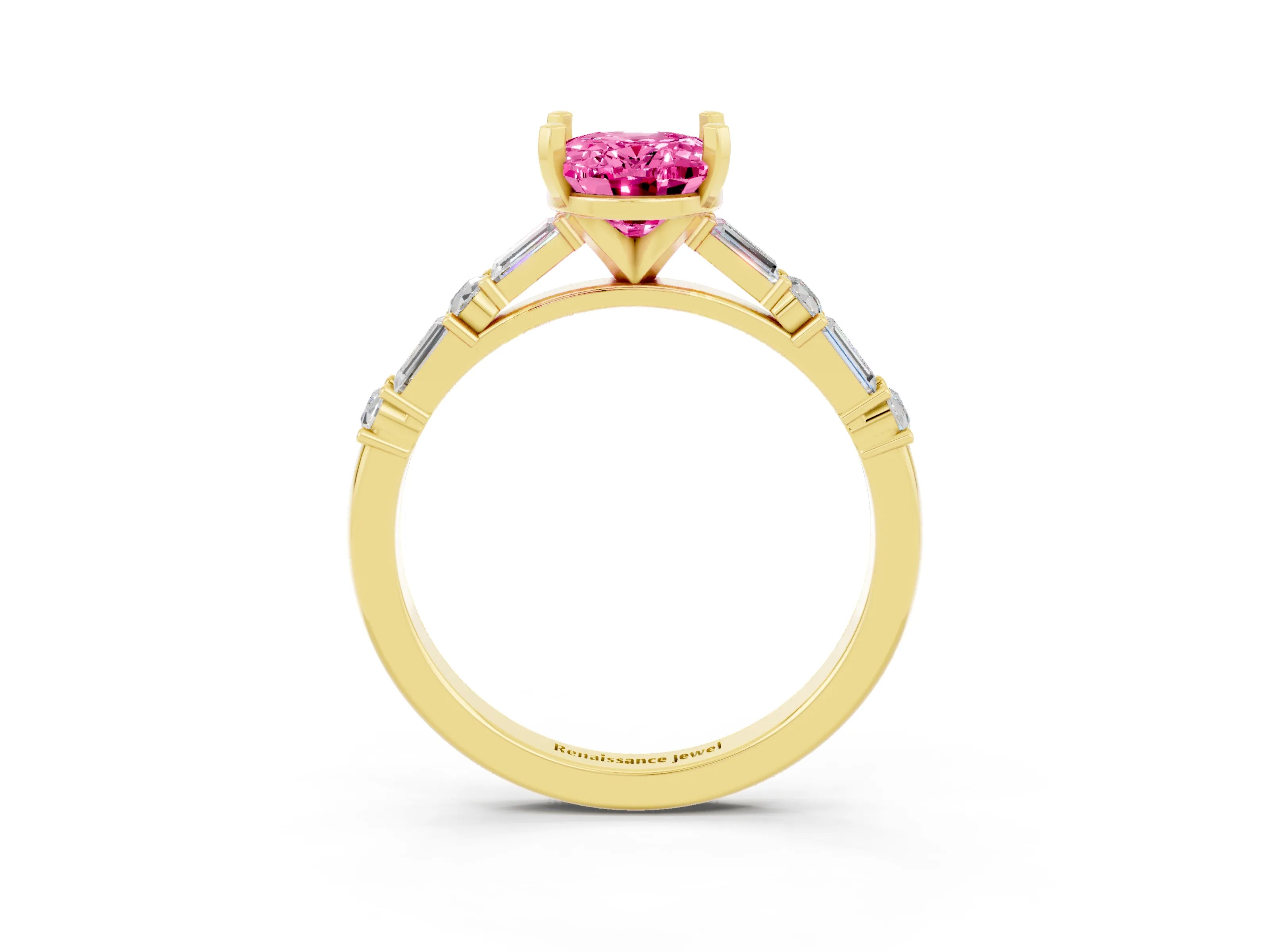 Yellow gold Oval Cut Pink Sapphire Solitaire with Side Baguettes and Channel Set Band_27