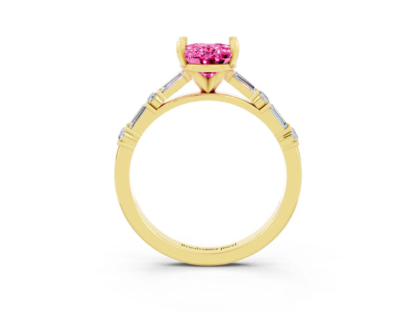 Yellow gold Oval Cut Pink Sapphire Solitaire with Side Baguettes and Channel Set Band