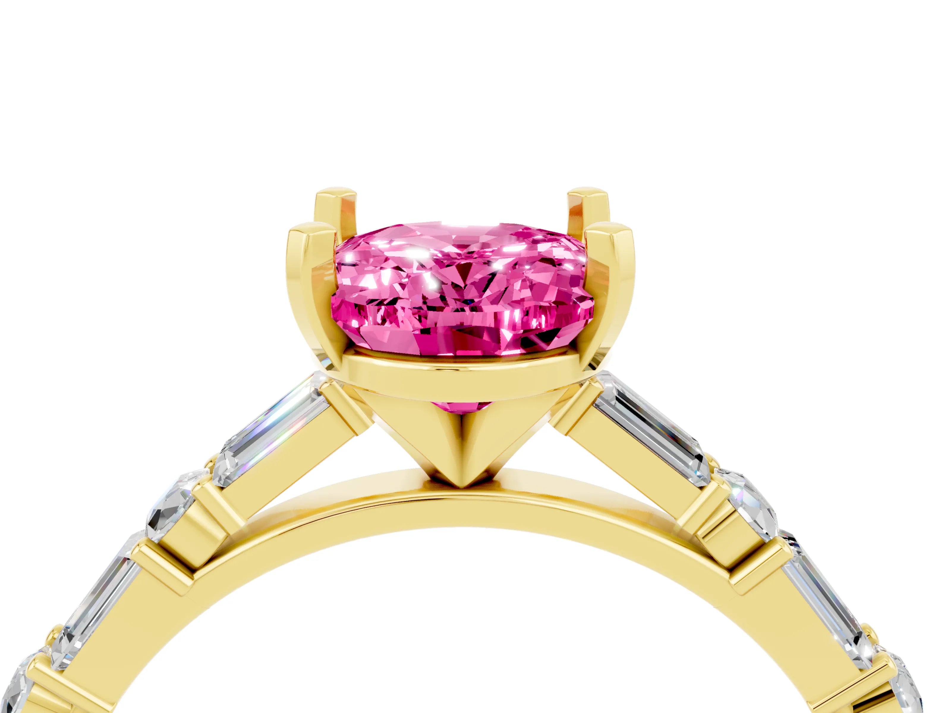 Yellow gold Oval Cut Pink Sapphire Solitaire with Side Baguettes and Channel Set Band_28