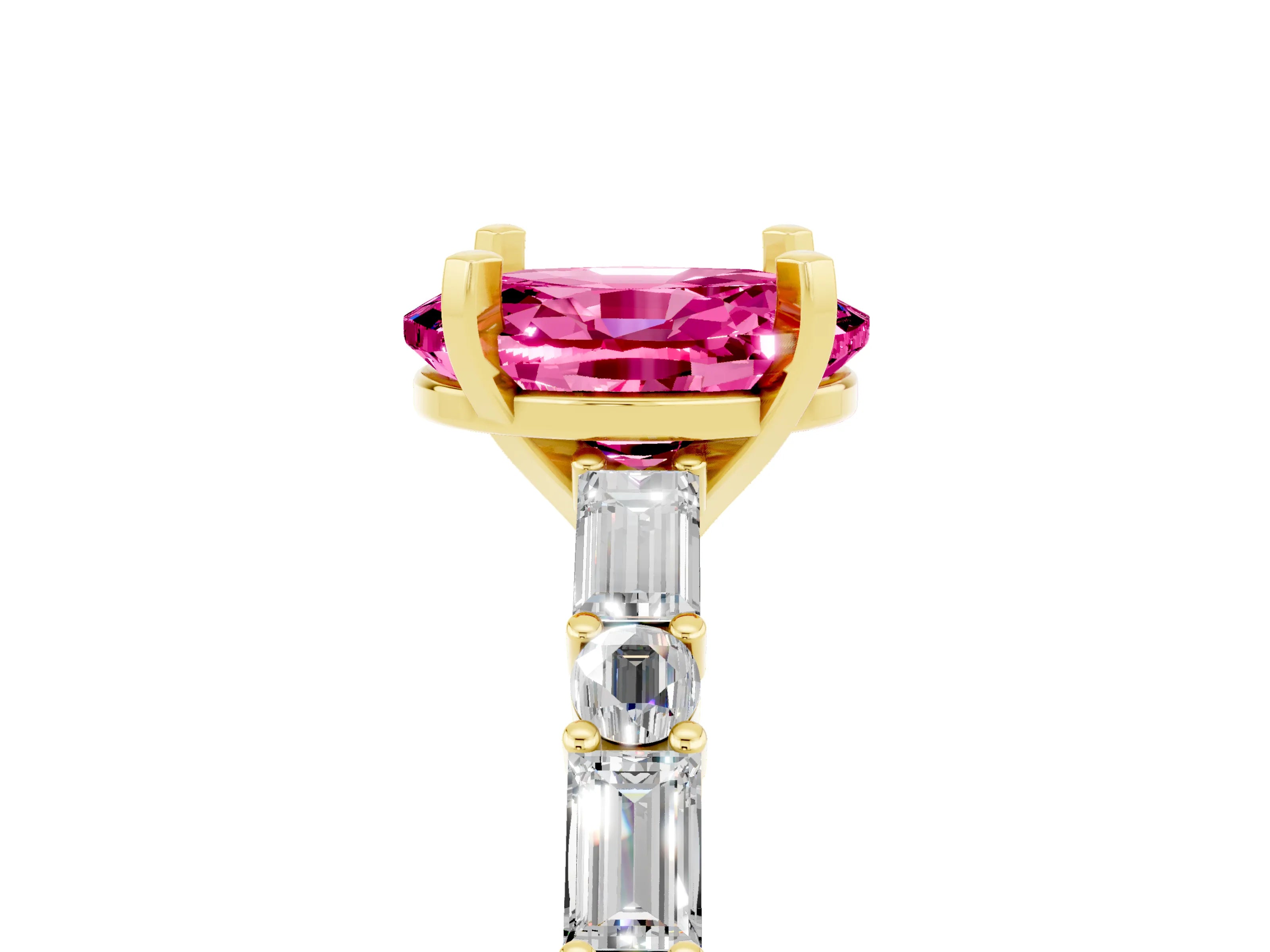 Yellow gold Oval Cut Pink Sapphire Solitaire with Side Baguettes and Channel Set Band_29