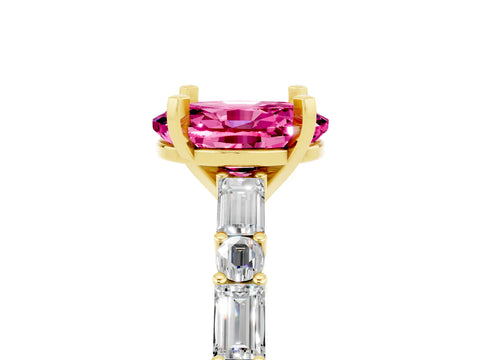 Yellow gold Oval Cut Pink Sapphire Solitaire with Side Baguettes and Channel Set Band_29