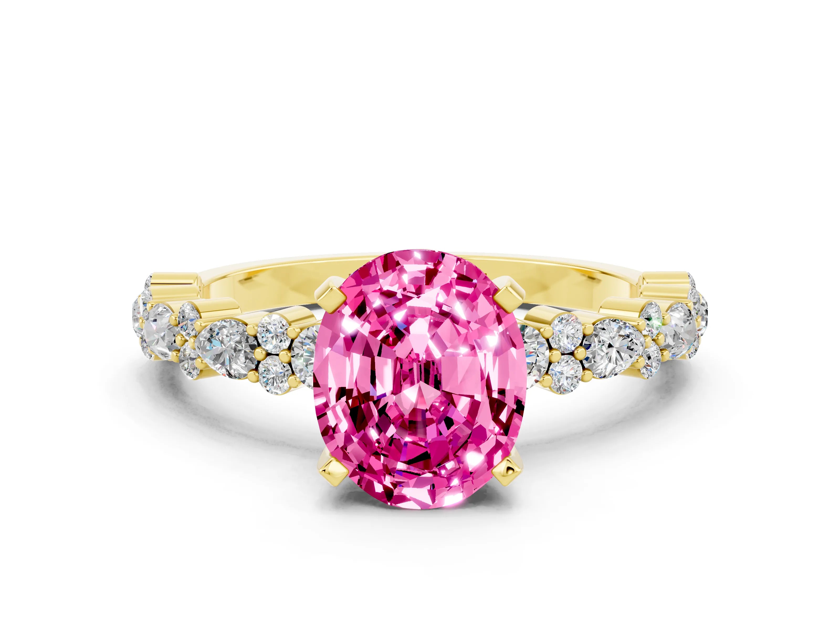 Yellow gold Oval Cut Pink Sapphire Solitaire with Side Stones, Pave Band, Four-Prong Setting_24