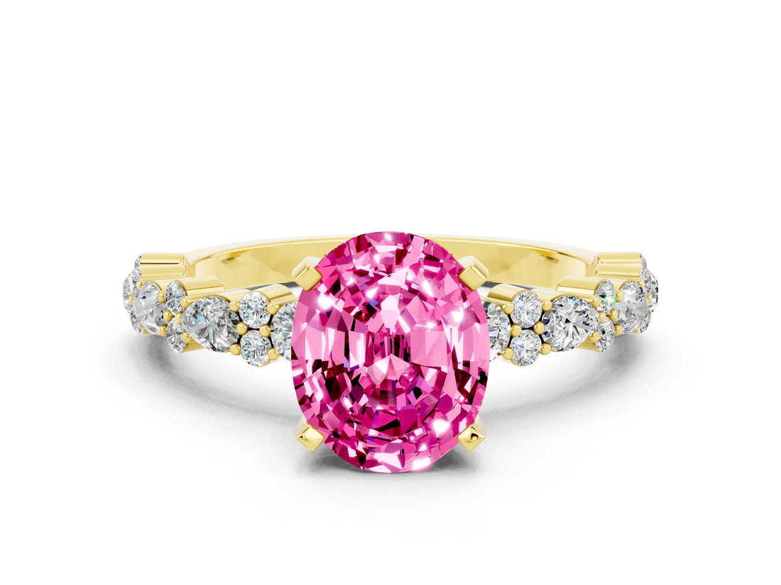 Yellow gold Oval Cut Pink Sapphire Solitaire with Side Stones, Pave Band, Four-Prong Setting_24