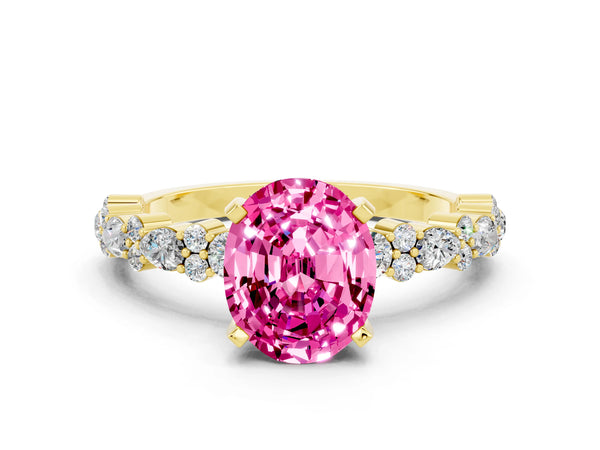 Yellow gold Oval Cut Pink Sapphire Side Stone Solitaire Ring with Round  and Four-Prong Setting