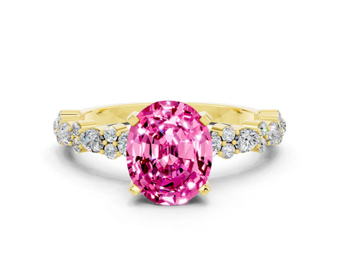 Yellow gold Oval Cut Pink Sapphire Solitaire with Side Stones, Pave Band, Four-Prong Setting_24