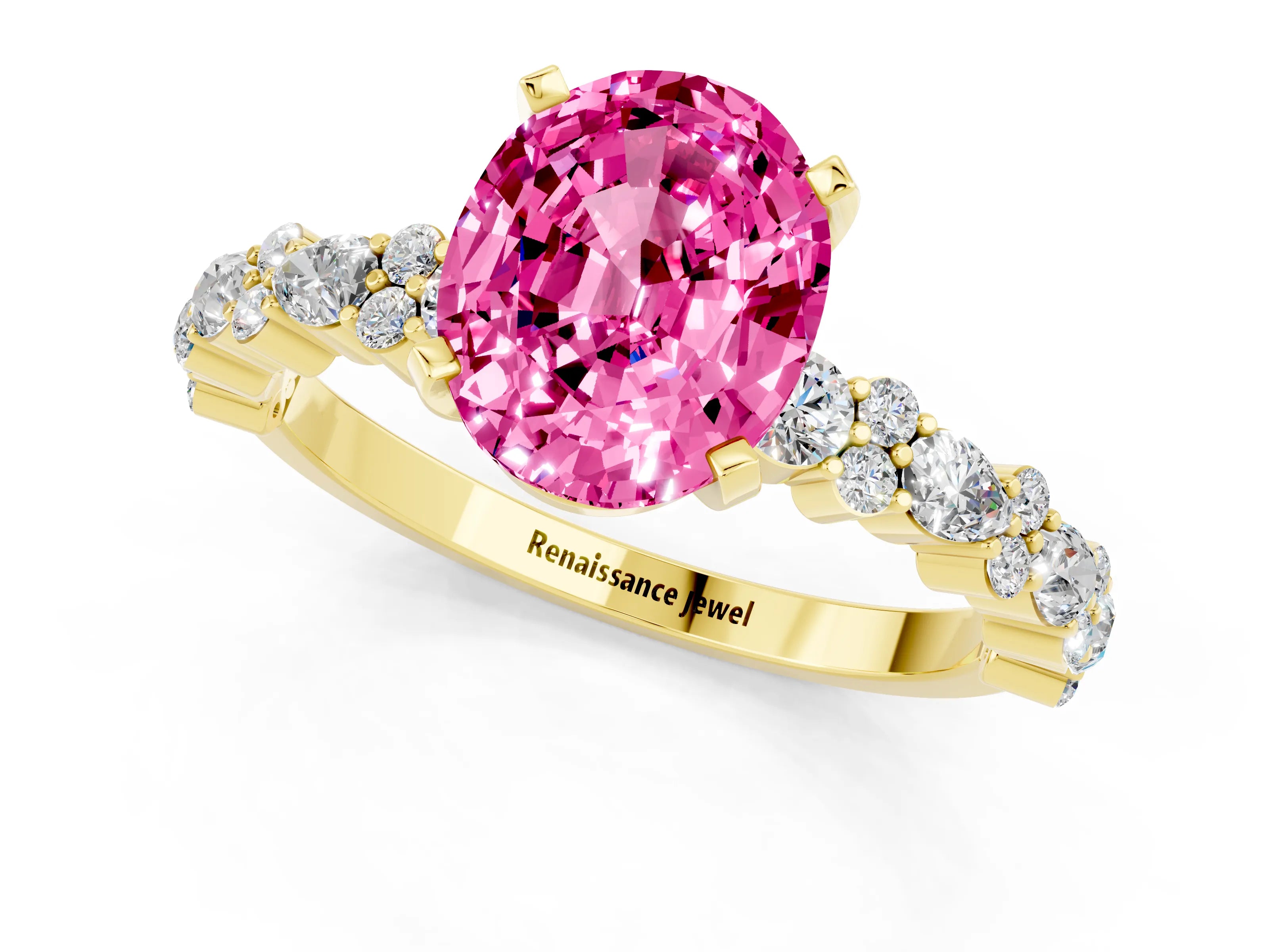 Yellow gold Oval Cut Pink Sapphire Solitaire with Side Stones, Pave Band, Four-Prong Setting_25